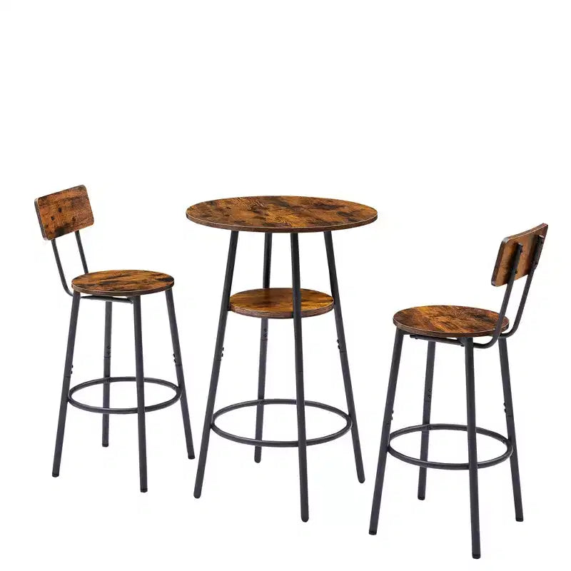 Round Bar Stool Set with Shelves, Rustic Backrest Stools for Home Bar and Kitchen