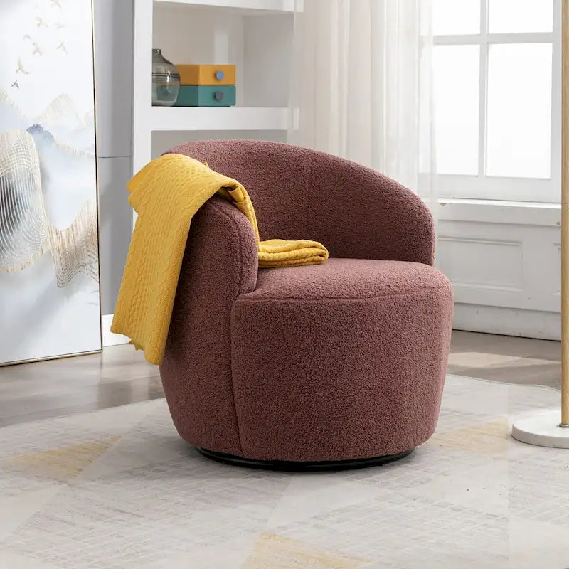 Swivel Accent Armchair Teddy Fabric Upholstered Barrel Chair with Black Point Round Swivel Metal Base