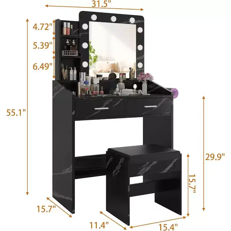 Vanity Desk with Mirror, Makeup Vanity with Cushioned Stool, 3 Lighting Modes Adjustable Brightness