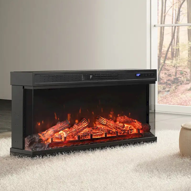 3-Sided Glass Electric Fireplace Insert – Gray & Blue Light / Black, Freestanding or Insert, 18 or 36 Inch