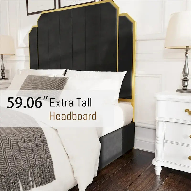 Queen Velvet Platform Bed – Gold + Creamy White / Black / Blue, Channel Headboard, 4 Storage Drawers, Sleeps 1