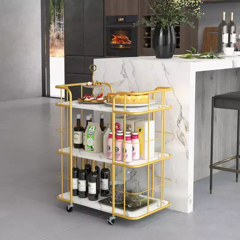 3-Tier Kitchen Storage Utility Cart Gold Rolling Bar Serving w/Lockable Casters