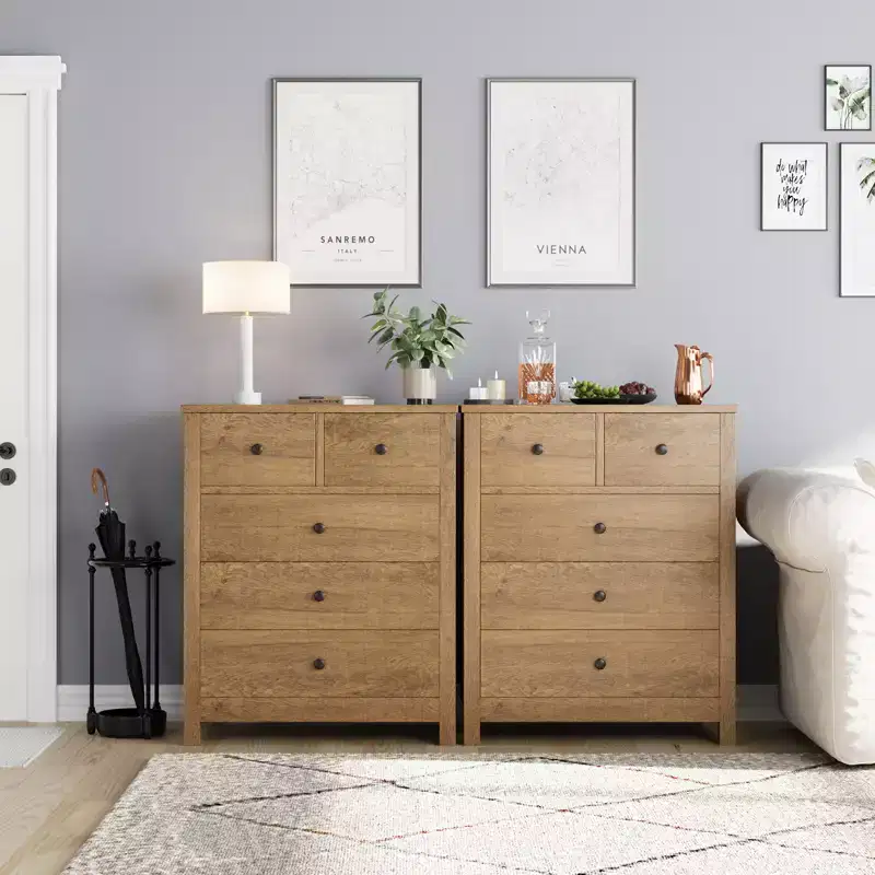 5-Drawer Fluted Dresser with Gold Metal Handles and Legs