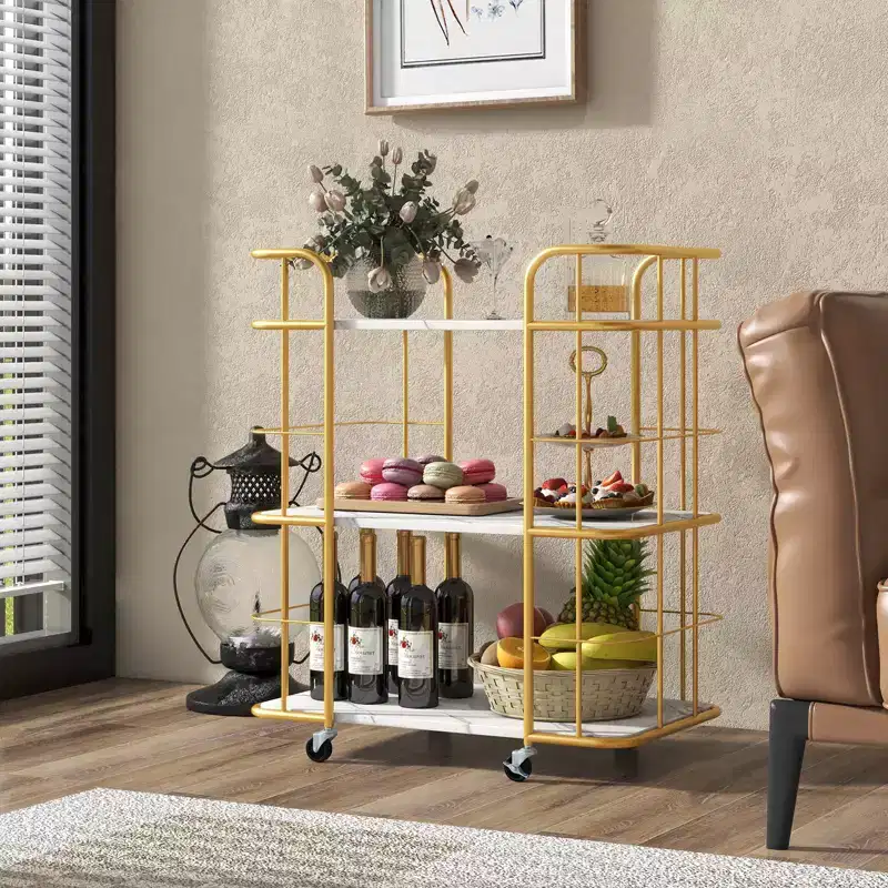 3-Tier Kitchen Storage Utility Cart Gold Rolling Bar Serving w/Lockable Casters