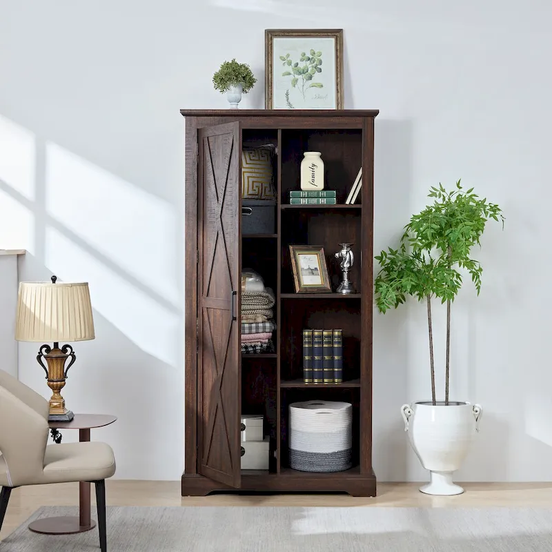 Rustic Barn Door Storage Cabinet Pantry Cupboard with Adjustable Shelves