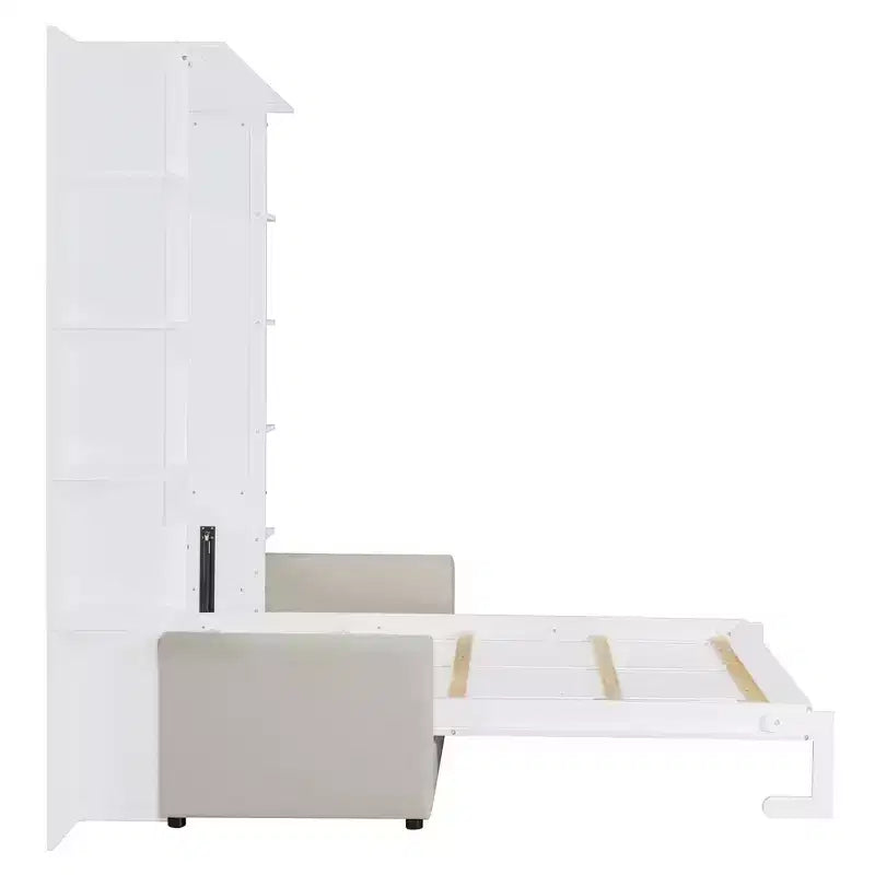 Queen Murphy Bed Wall Bed with Sofa, Queen Size Cabinet Bed Folding Wall Bed with Bookshelf and Shelves for Guest Room Office