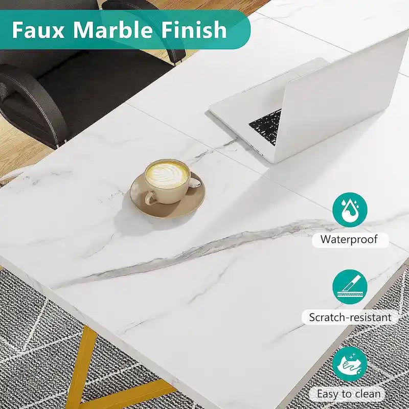 Dining Table – White & Gold / Brown / Grey, Faux Marble Top, Metal Frame, Adjustable Feet, Modern Style