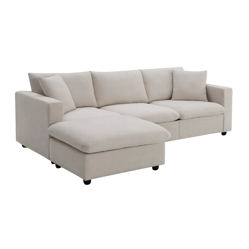 White L-Shaped Sectional Sofa with Ottoman, Seats 5