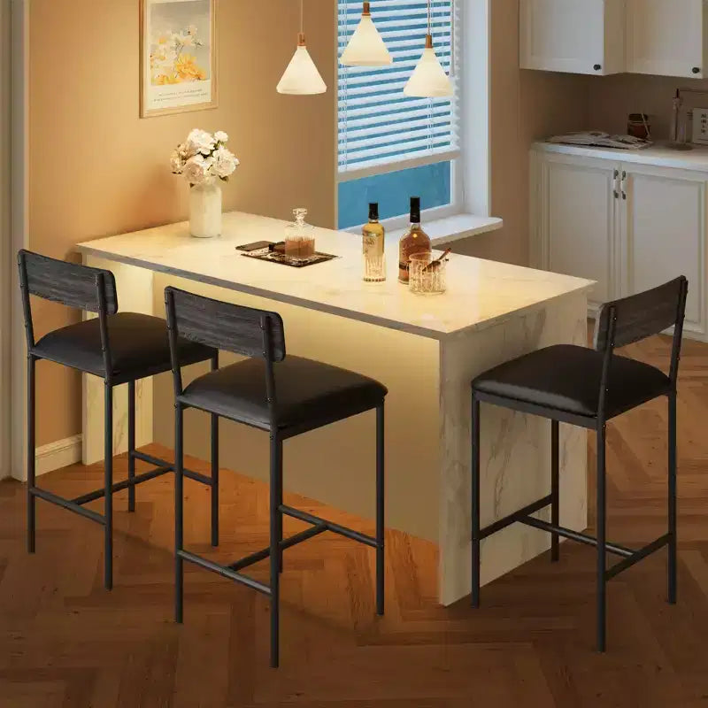 Bar Stools Set of 2, Kitchen Bar Stools with Footrest, 25.5 Inches Upholstered Bar Chairs with Back, 2 Counter Height Barstools for Counter Bar