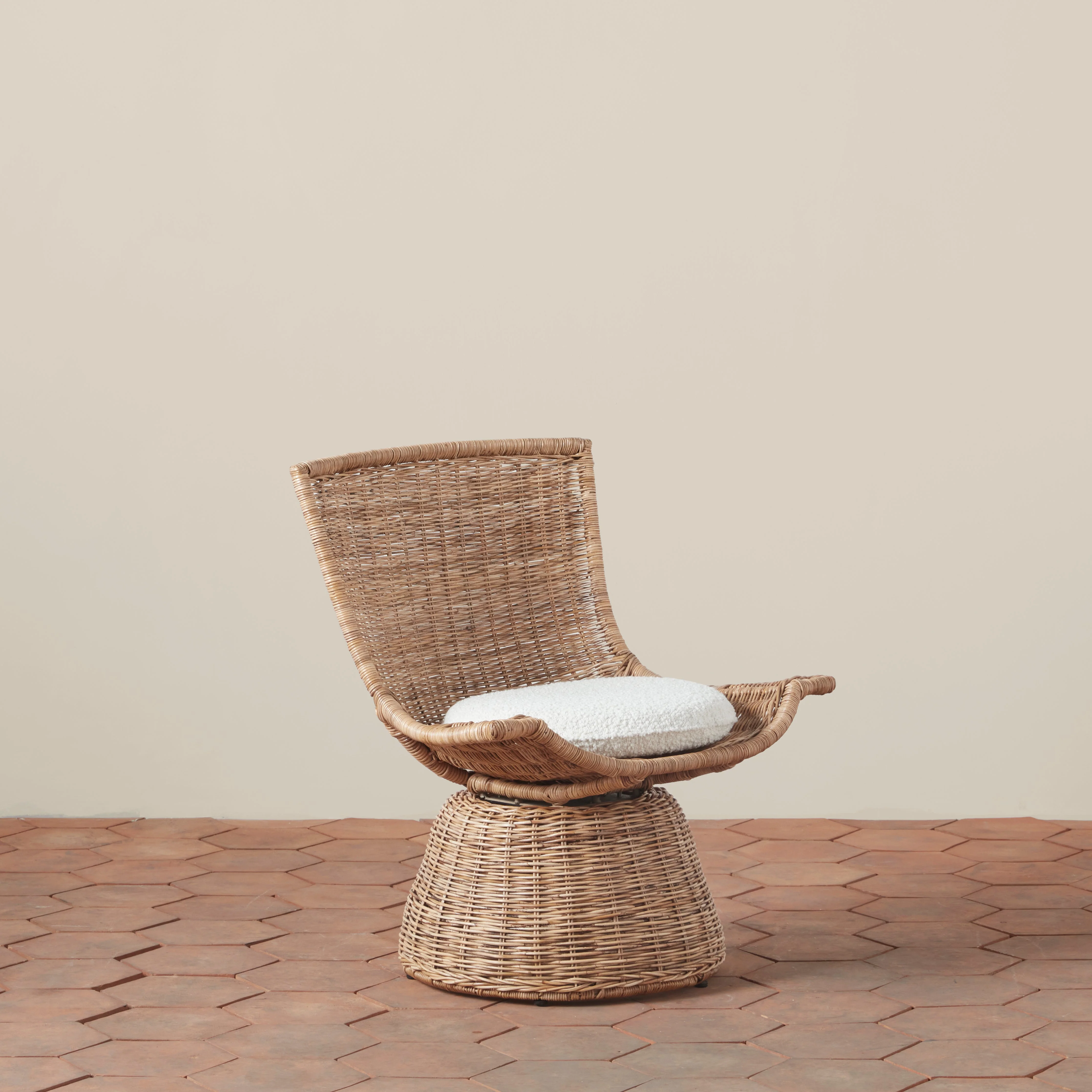 Mid-Century Modern Handwoven Rattan & Linen Small Swivel Chair with Compact Scale for Bedroom or Study