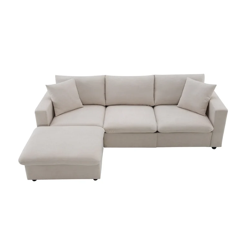 White L-Shaped Sectional Sofa with Ottoman, Seats 5