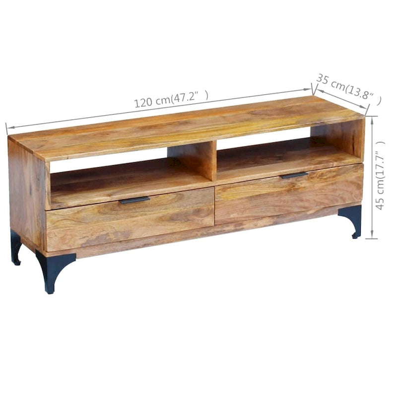 Handmade Mango Wood TV Stand – Brown, Rustic Style, 2 Drawers & 2 Compartments