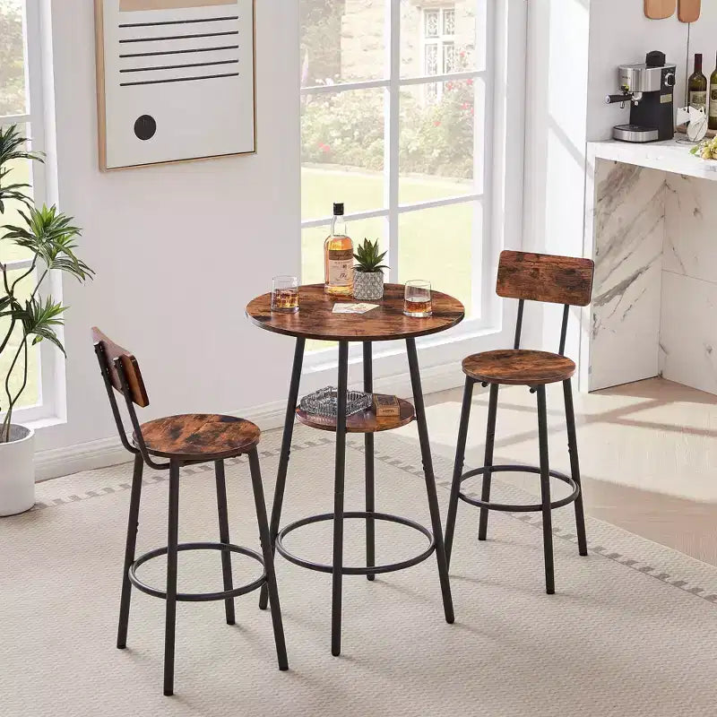 Round Bar Stool Set with Shelves, Rustic Backrest Stools for Home Bar and Kitchen