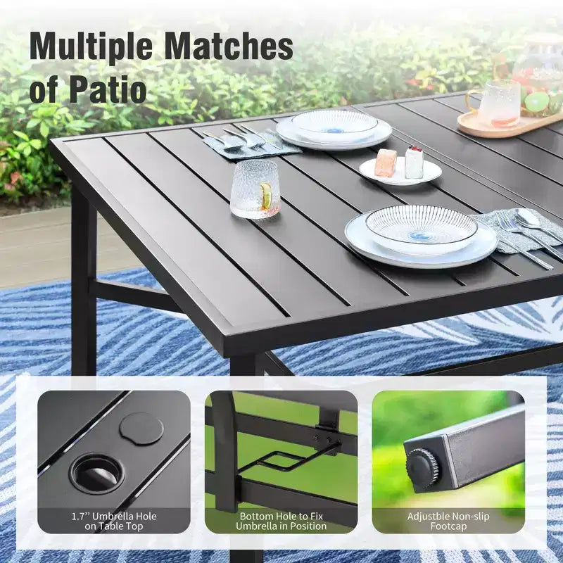 Captiva Designs 9pc Patio Dining Black Steel Rectangle Table & Brown Textilene Fixed Chairs