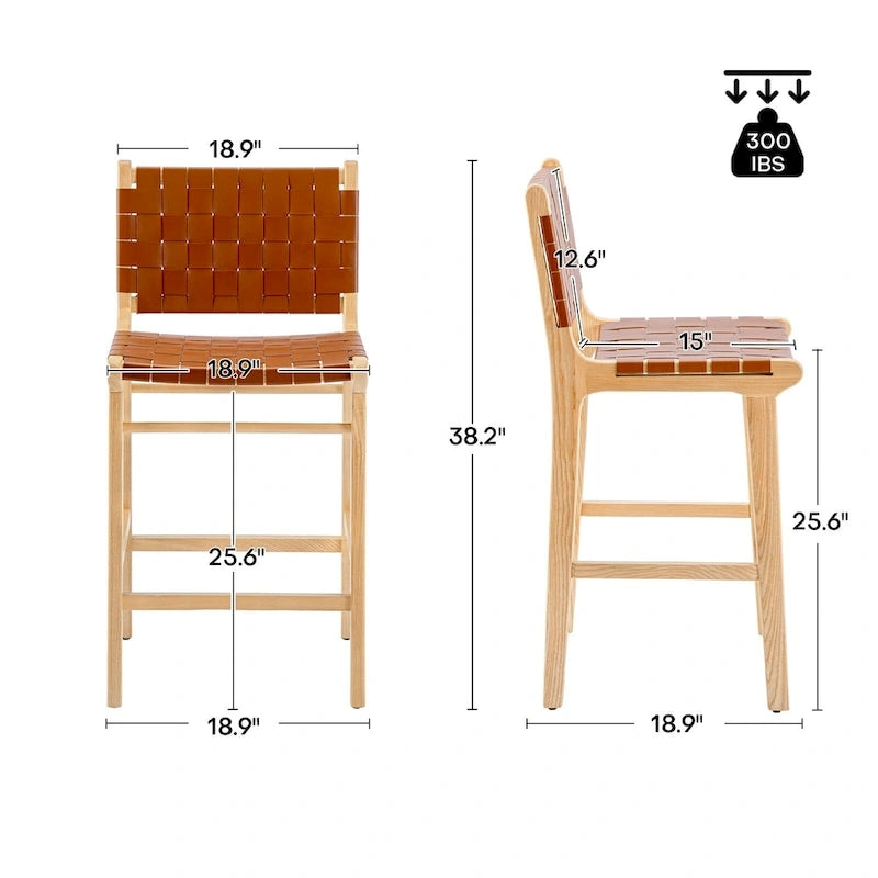 Woven Leather Counter Height Bar Stool, Ash Wood Frame, No Assembly