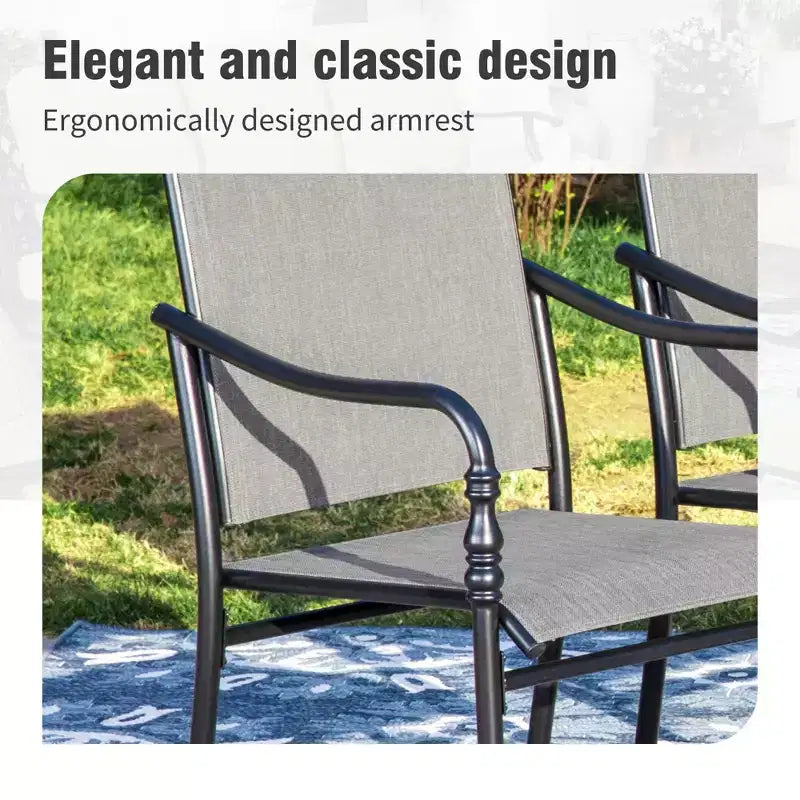 Captiva Designs 7 Pc Patio Outdoor Dining Set with Slat Tabletop Rectangular Table & Gray Textilene Fixed Chairs