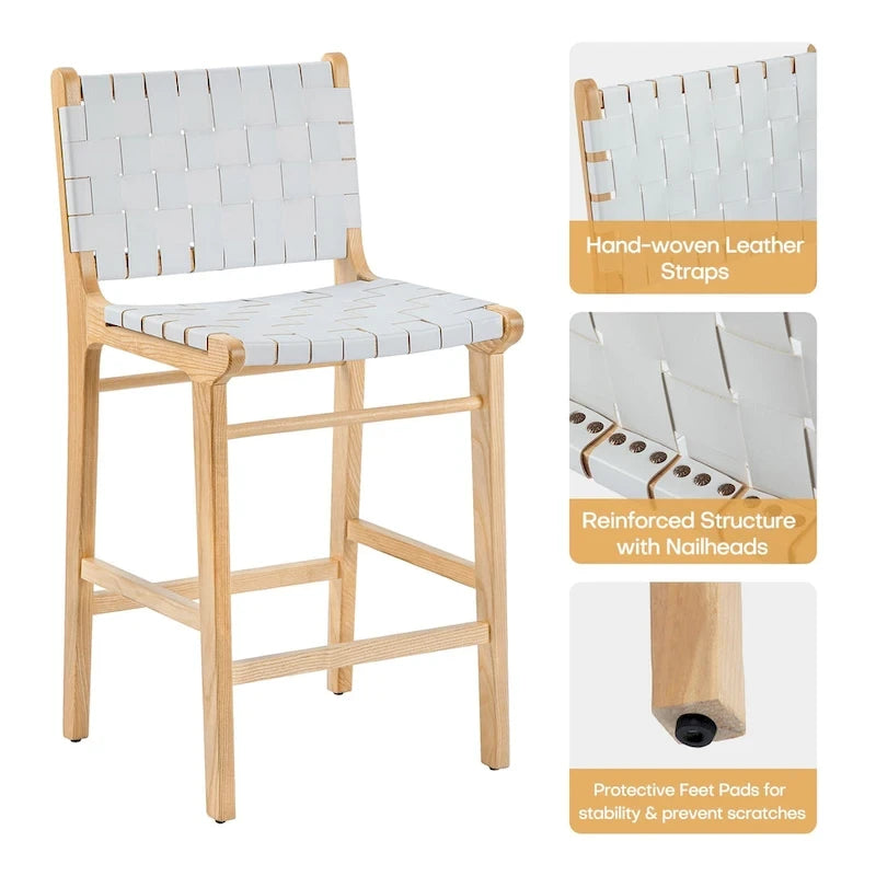 Woven Leather Counter Height Bar Stool, Ash Wood Frame, No Assembly