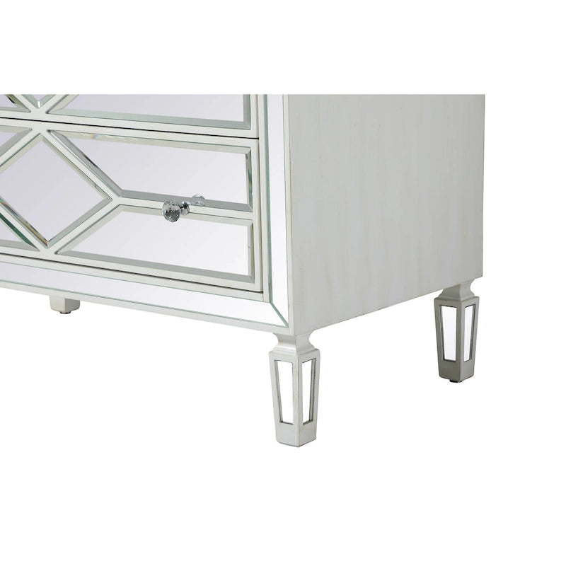 5-Drawer Chest – Antique White / Silver, Beveled Mirror Panels, Crystal Knobs, Hand-Painted Finish