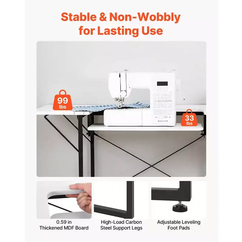 Multipurpose Sewing Table with Foldable Shelf & Steel Legs, White