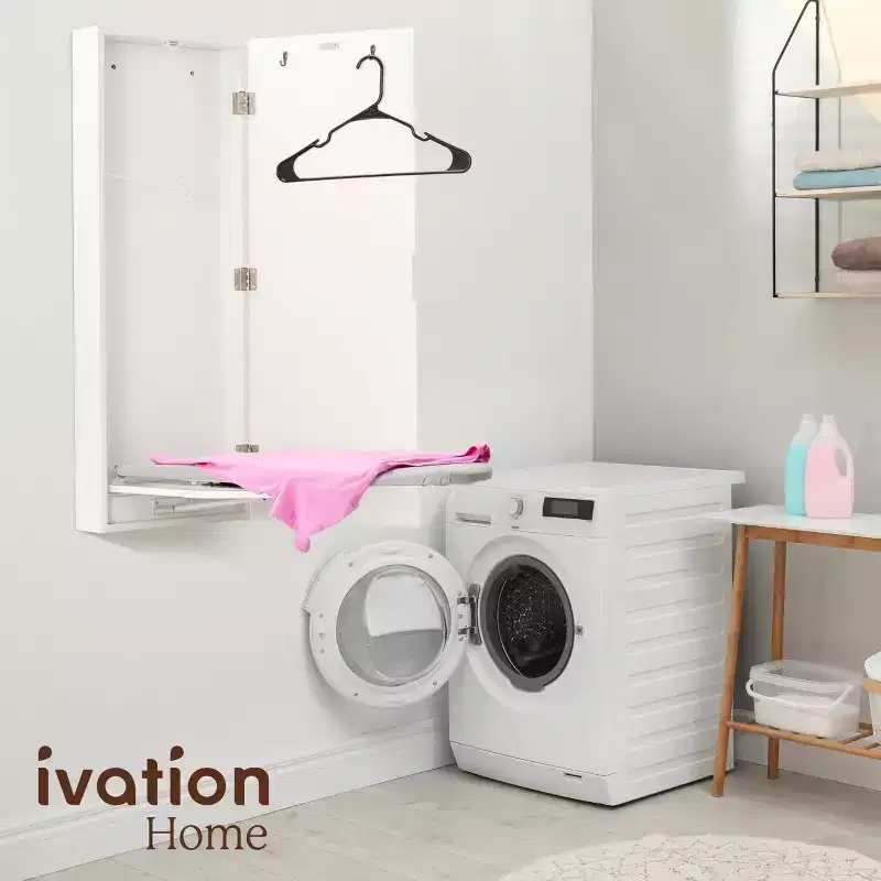 Ivation Ironing Board, Wall Mounted Ironing Board Cabinet W/Right Side Door & Release Lever, White