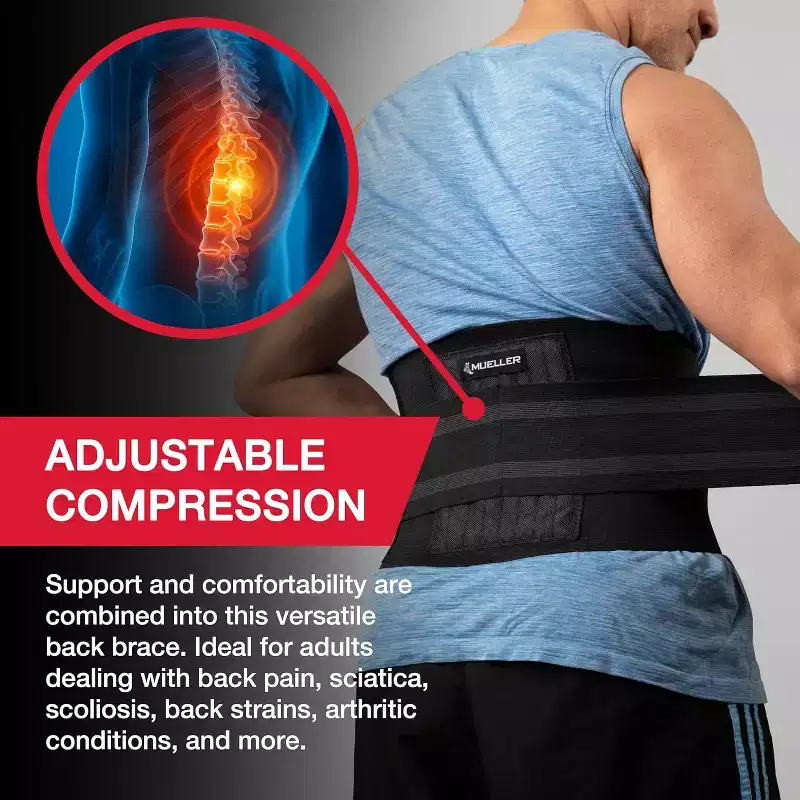 Mueller Adjustable Back Brace, One Size Fits Most, Black