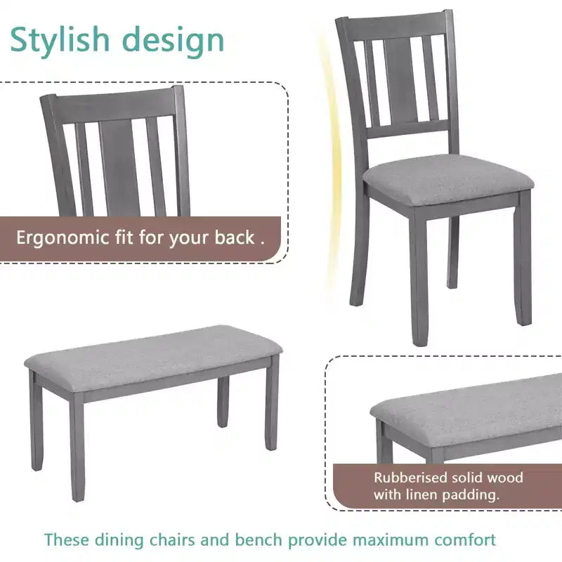 MAYEERTY 6-Piece Dining Set for 6, Wooden Rectangular Table + 4 Upholstered Chairs & Bench, Gray