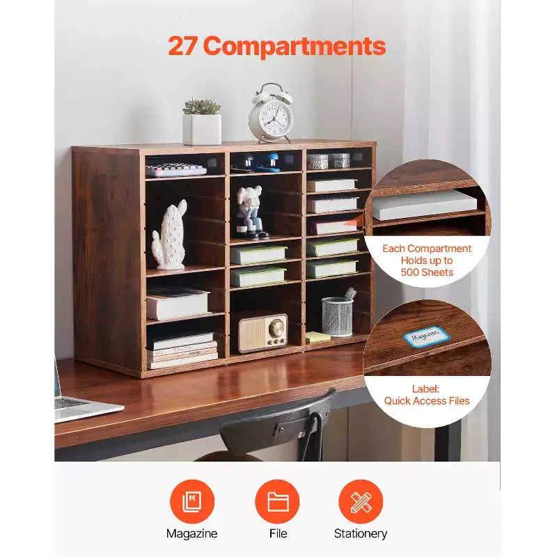Literature Organizer, 27 Compartments Office Mailbox with Removable Shelves, Wood Mailbox Sorter, Brown