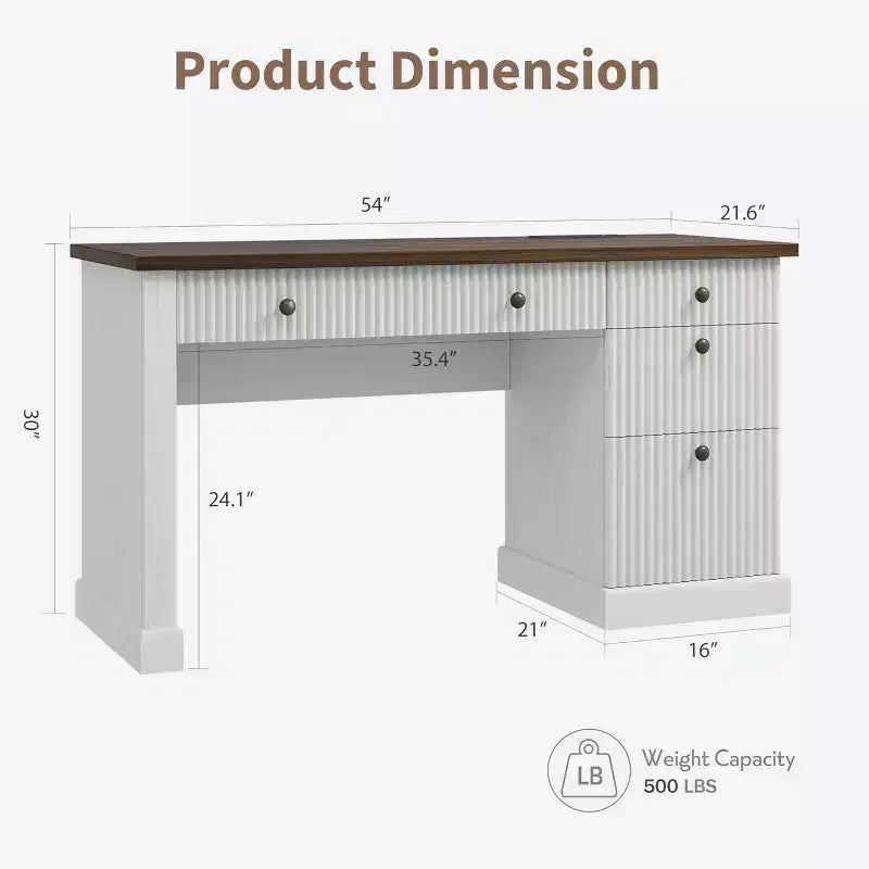 Fluted Home Office Desk Storage, 54 Modern Executive Desk with Charging Station, Wooden Computer Writing Desk with File Drawers for Study Room