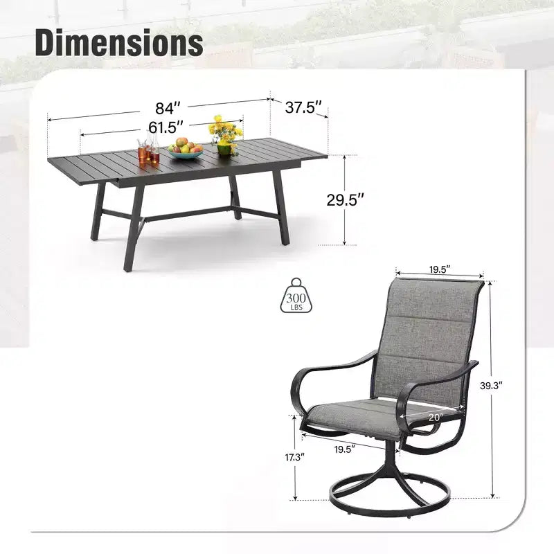 Captiva Designs 9pc Patio Dining Extendable Black Steel Rectangle Table & Textilene Swivel Chairs