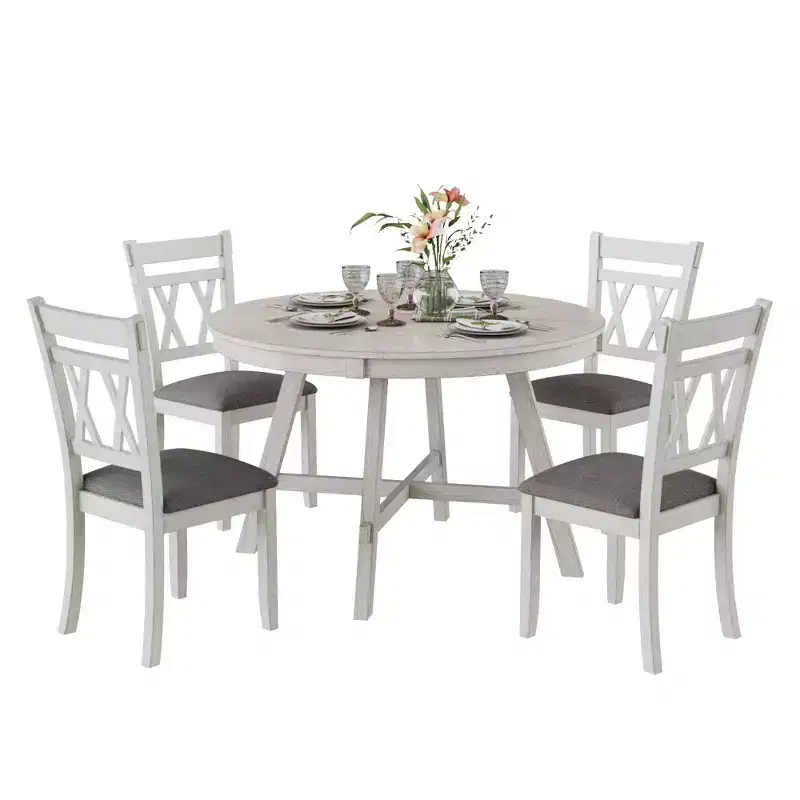VECELO Rustic Dining Table Set, Rubber Wood Round Table and Upholstered Dining Chairs for Kitchen, Gray
