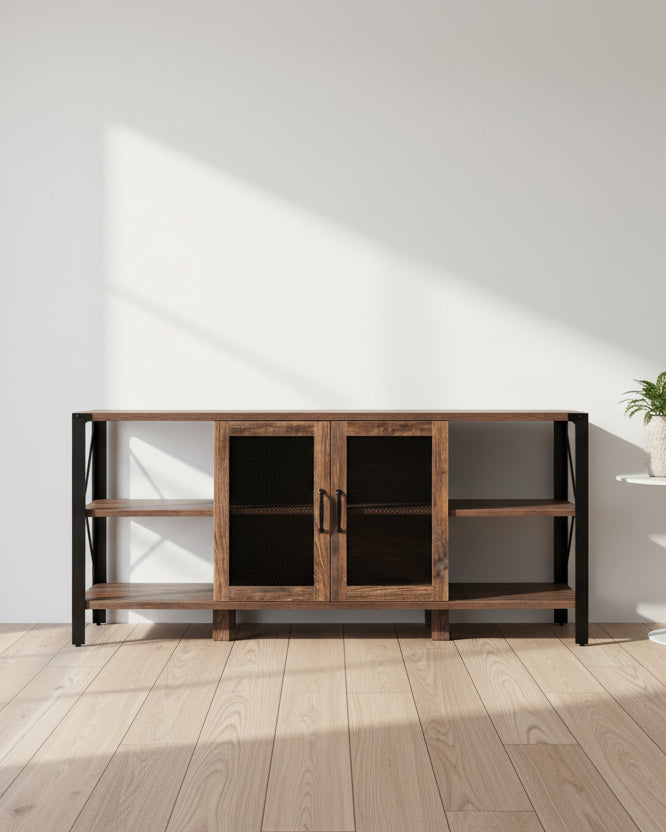 80-Inch Industrial TV Stand – Espresso / Walnut / White, Wood & Metal, Open Shelving with Mesh Door