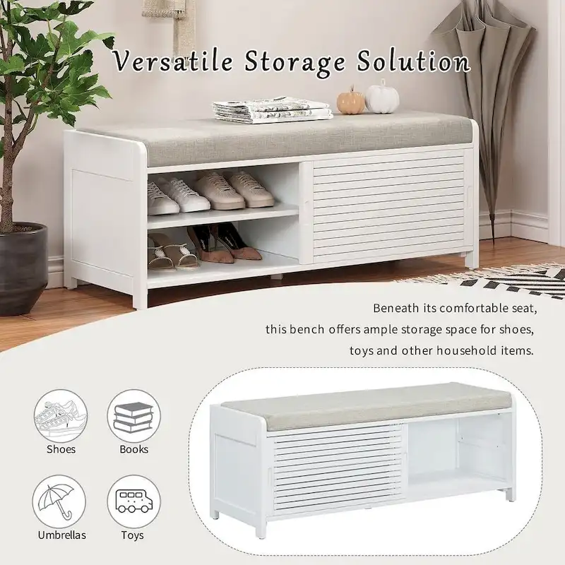 43.30 Solid Wood Storage Bench with Contemporary Distressed Blinds