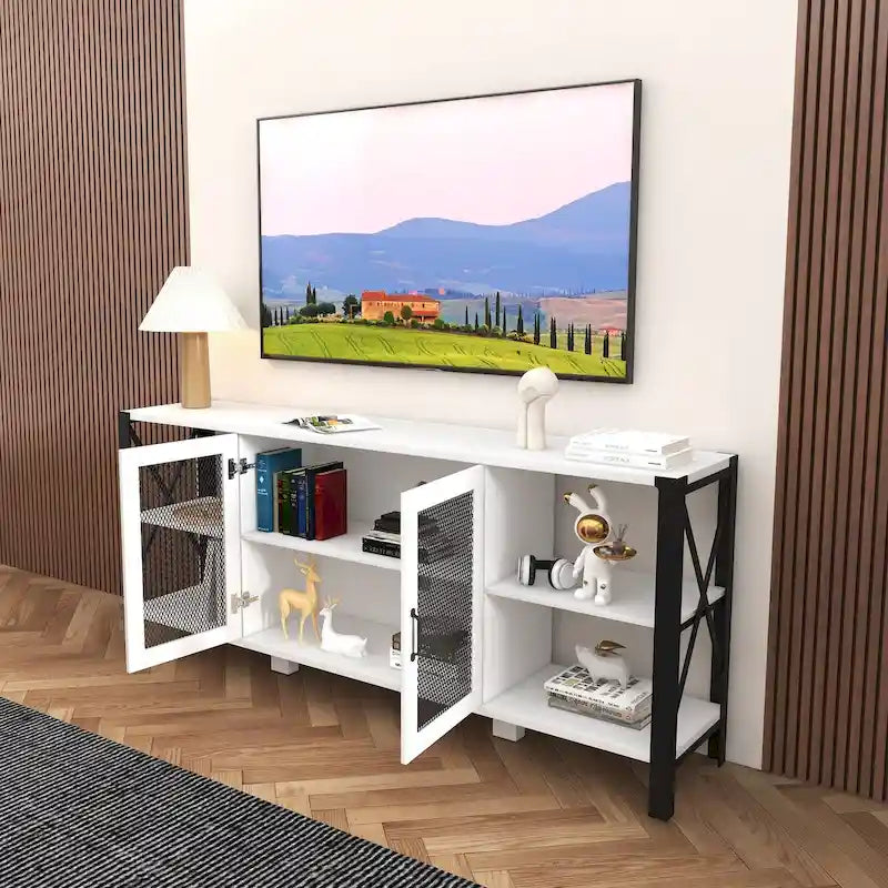 80-Inch Industrial TV Stand – Espresso / Walnut / White, Wood & Metal, Open Shelving with Mesh Door
