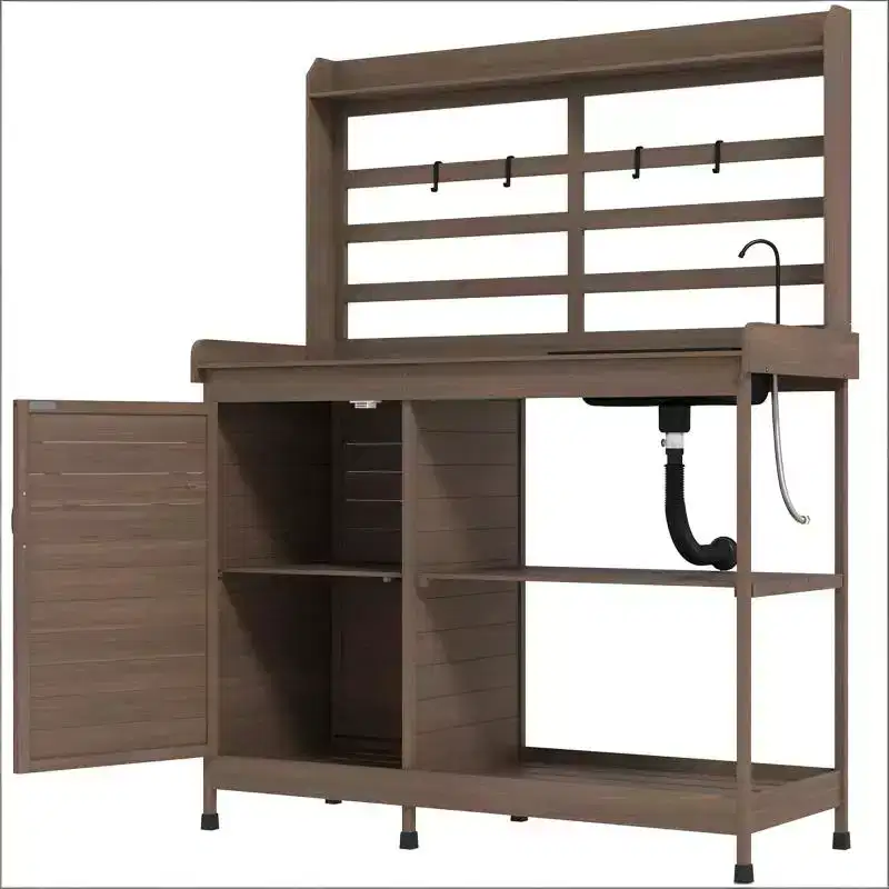 Whisen Patio Wooden Potting Bench, Outdoor Garden Work Station Table with Storage Cabinet, Open Shelf and Removable Sink