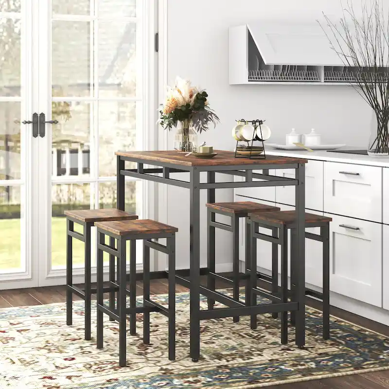 Counter Height Dining Table Set with 4 Bar Stools Metal Frame Vintage Wooden Tabletop Rectangular Dining Table, 5-Piece
