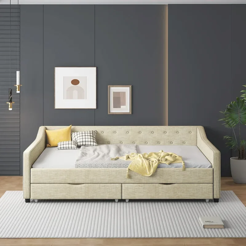Full Size Upholstered Daybed with Storage Drawers
