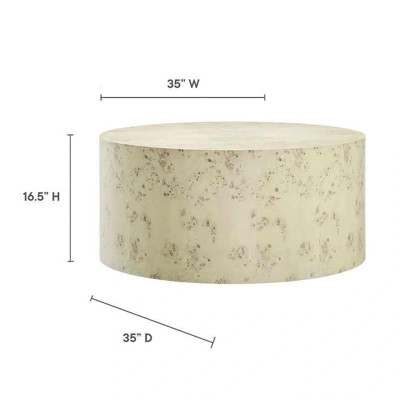 Round Burl Wood Coffee Table – Natural / Off White, Mid-Century Style