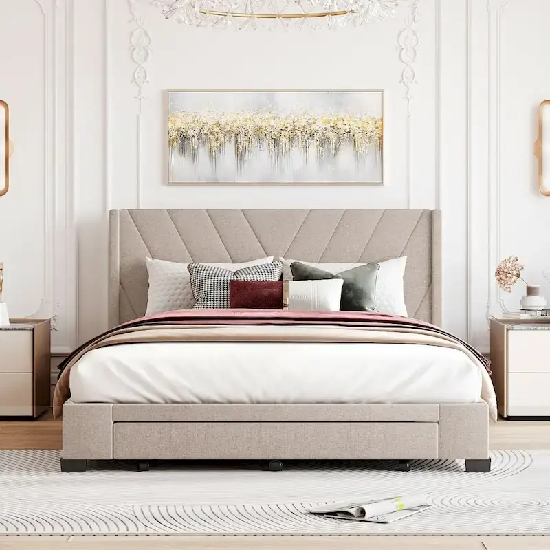 Queen Size Storage Bed Linen Upholstered Platform Bed with 3 Drawers