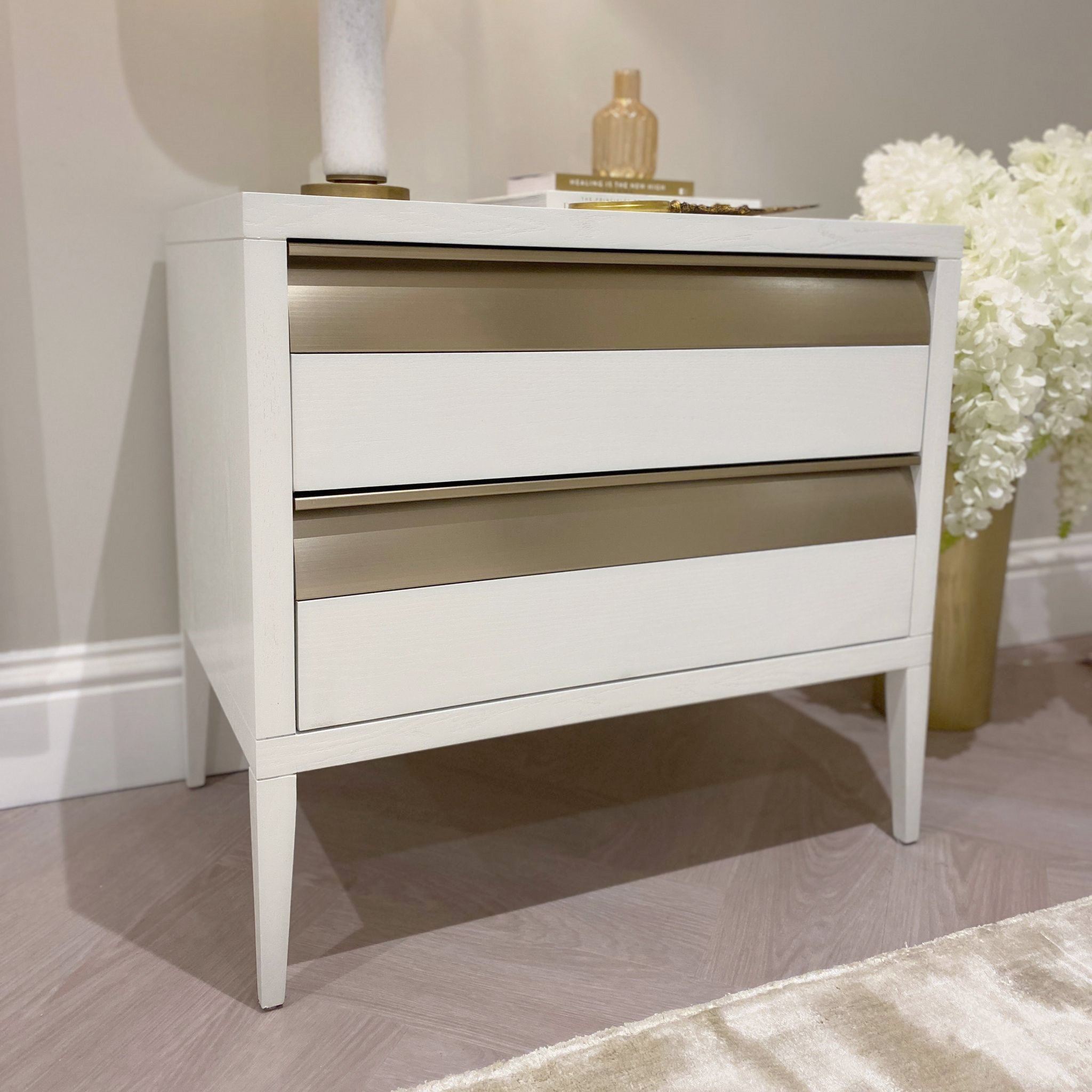 White & Bronze Large Bedside Table