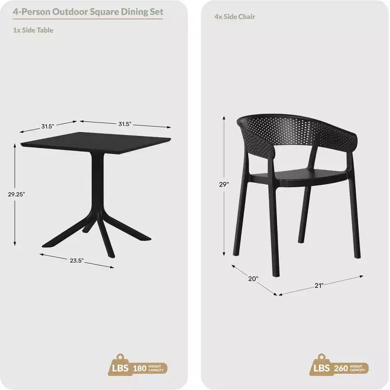 WestinTrends Playa 5-Piece Outdoor Resin Square Patio Dining Table Set with Stackable Patio Dining Chairs