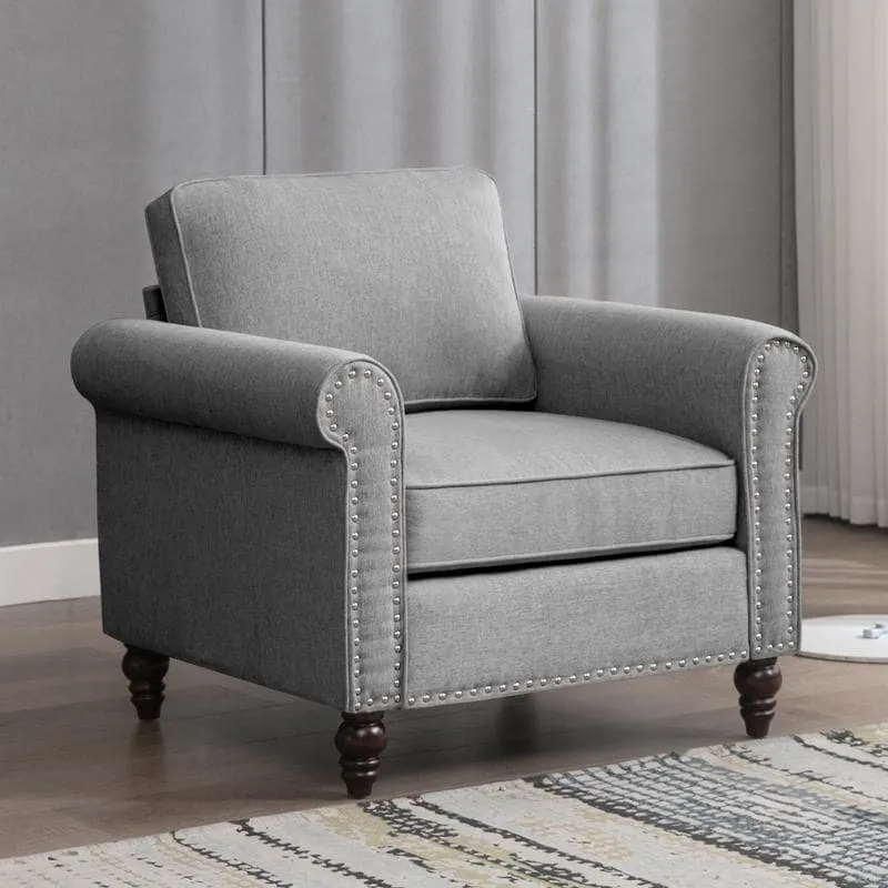 Modern Linen Sectional Single Sofa with Solid Wood Frame & Pocket Coils