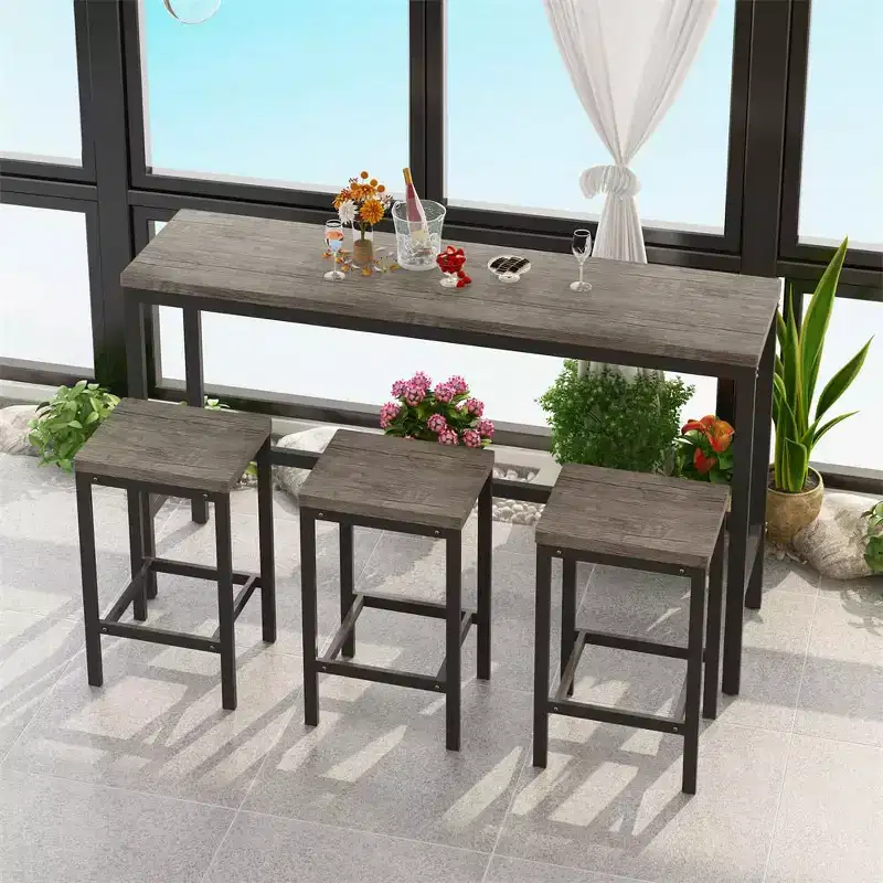 4-Piece Bar Table Set, Modern Rectangular Pub Table & 3 Stools, for Kitchen, Breakfast Nook, Living Room, Apartment  Brown & Gray
