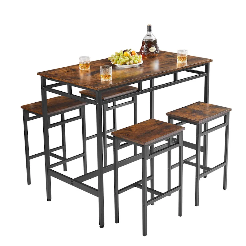 Counter Height Dining Table Set with 4 Bar Stools Metal Frame Vintage Wooden Tabletop Rectangular Dining Table, 5-Piece