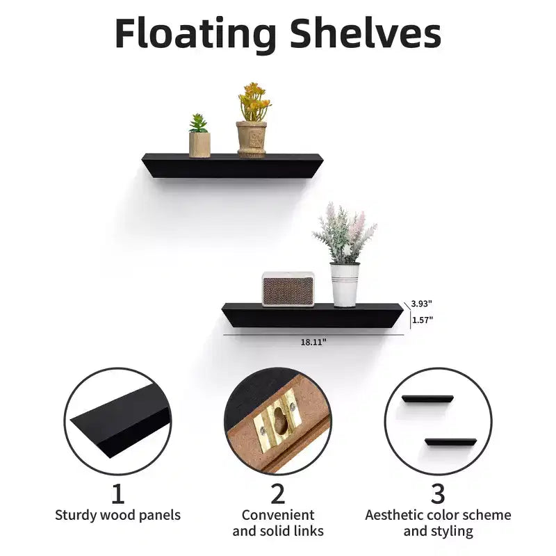 2 Pack Black MDF Floating Wall Shelves for Home Decor & Storage
