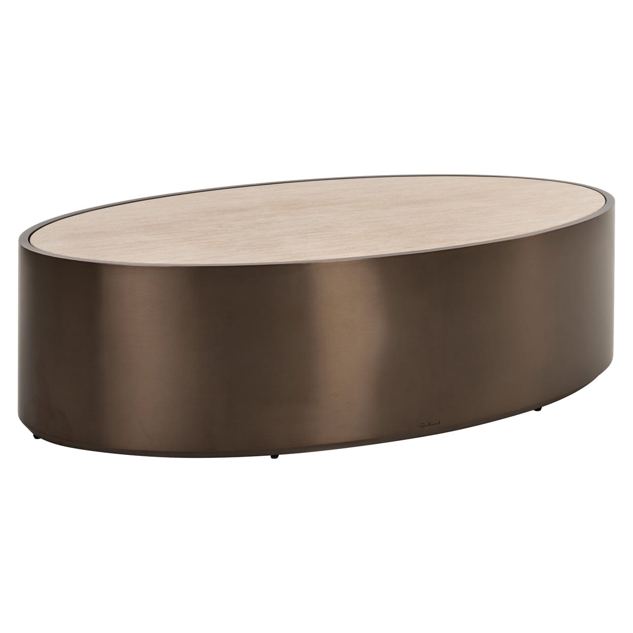 Bronze Oval Coffee Table with Beige Faux Marble Top