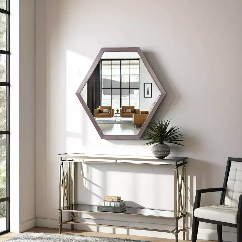 Howard Elliott Graphite Foil Framed Hexagonal Wall Mirror: Modern Decor, Polystyrene Frame, 30x27.5"