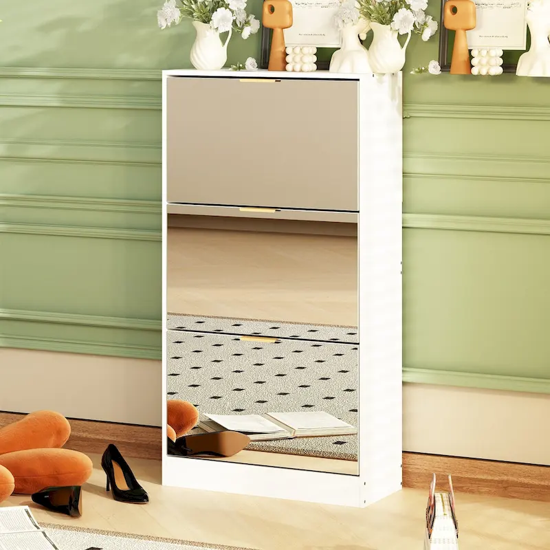 Shoe Cabinet with 3 Mirrored Flip Drawers, Free Standing Slim