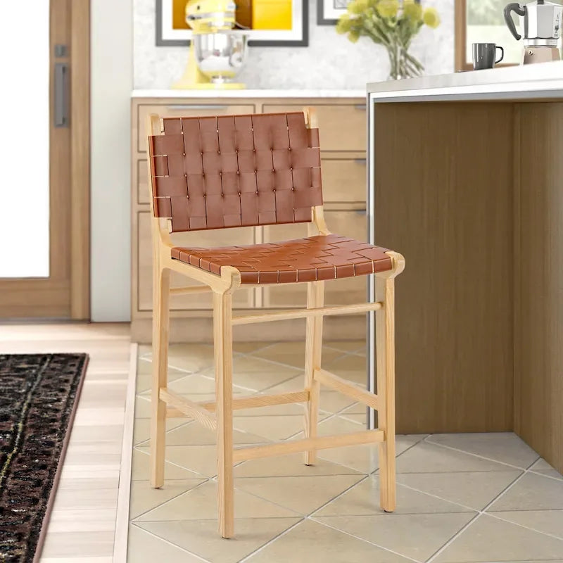 Woven Leather Counter Height Bar Stool, Ash Wood Frame, No Assembly