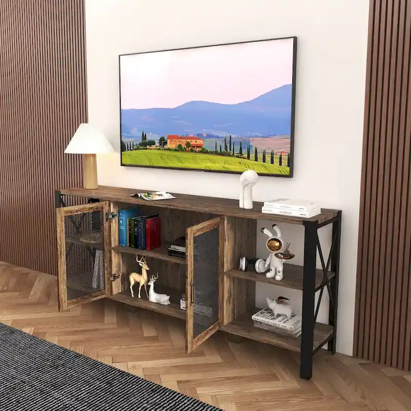 80-Inch Industrial TV Stand – Espresso / Walnut / White, Wood & Metal, Open Shelving with Mesh Door