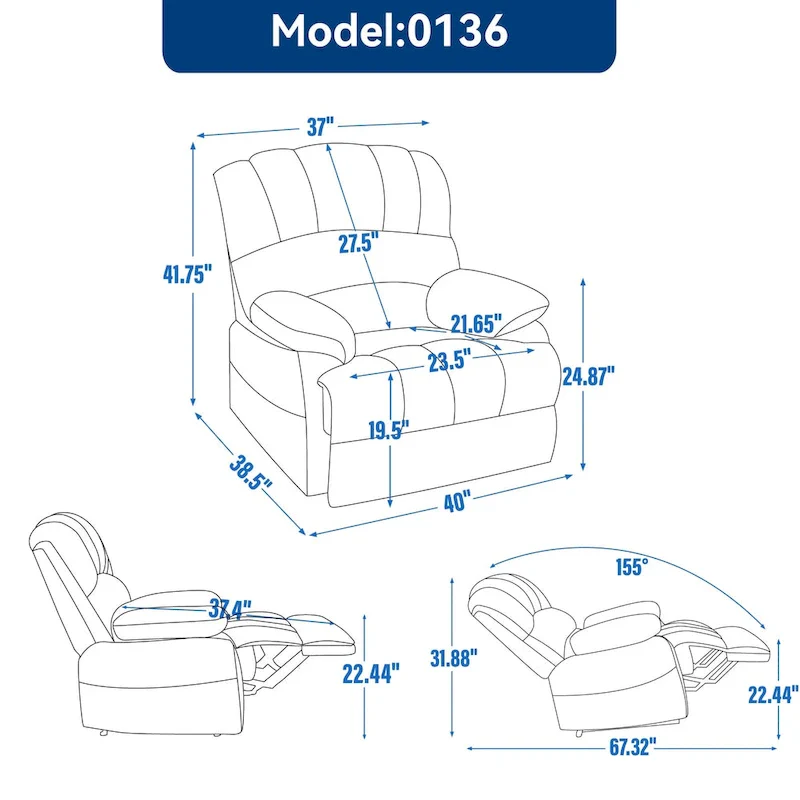 Extra-Large Manual Recliner Chair with Fabric Upholstery